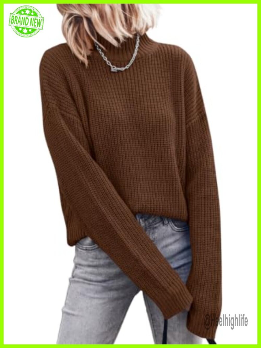 Chunky Knit Mock Turtleneck Pullover Sweater Loose Fit Ribbed Cuffs